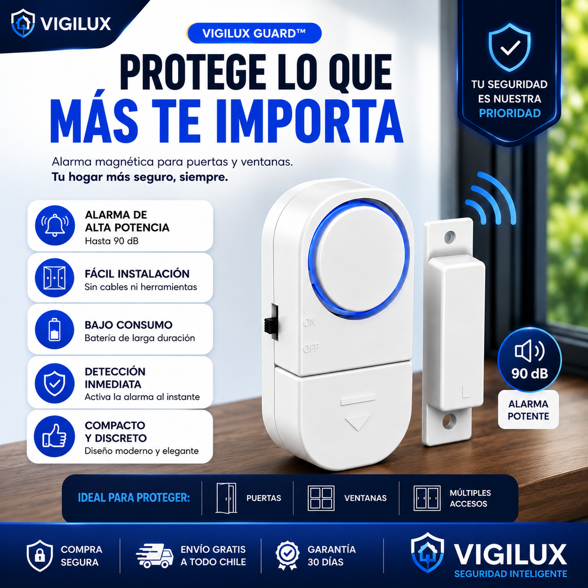 Vigilux Guard™ | Alarma Magnética 90 dB para Puertas y Ventanas