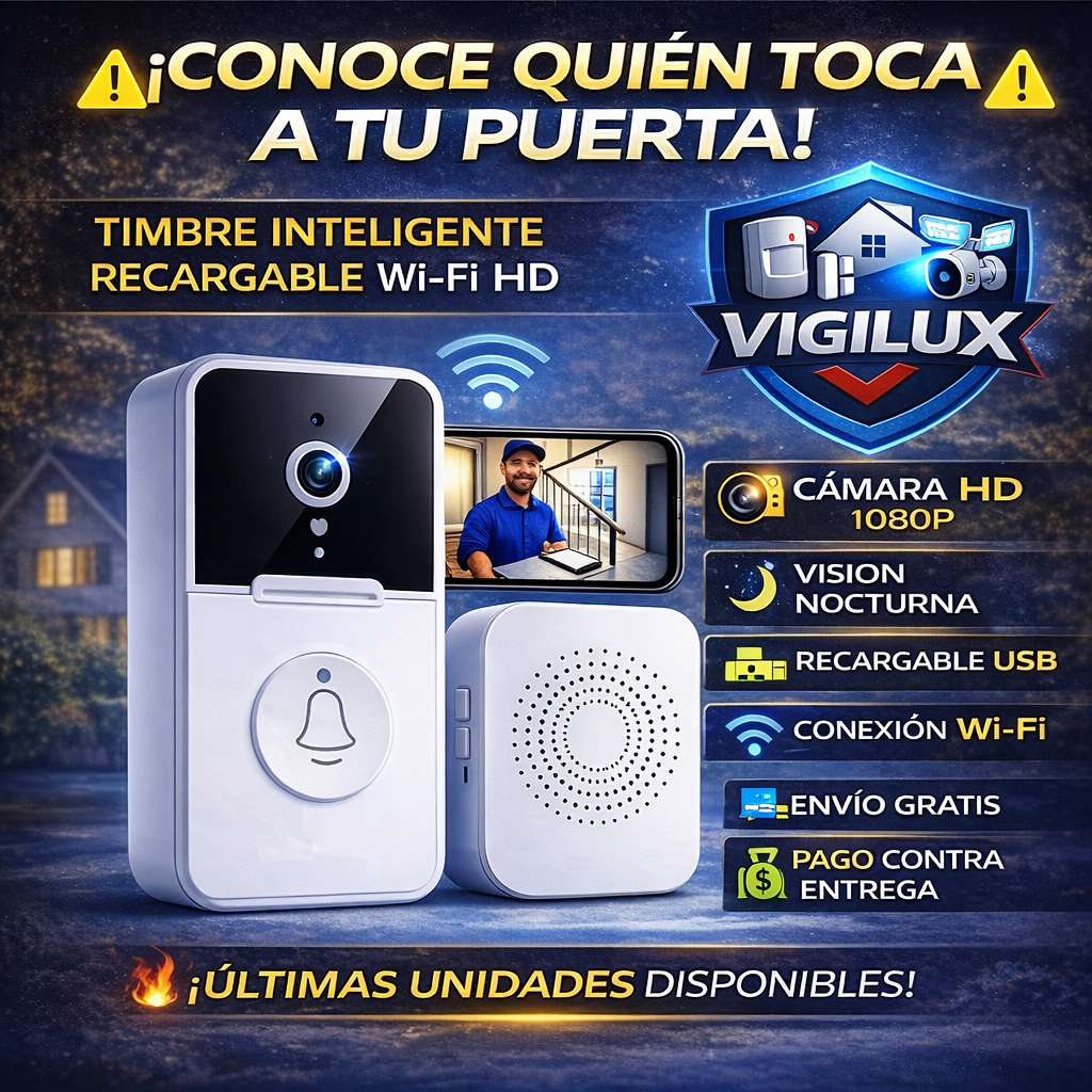 Cámara Timbre Inteligente WiFi HD Recargable con Visión Nocturna