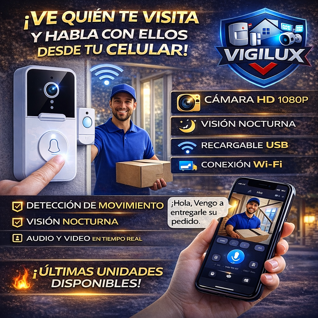 Cámara Timbre Inteligente WiFi HD Recargable con Visión Nocturna